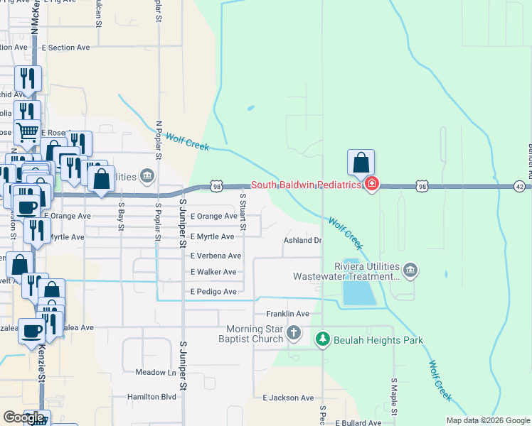 map of restaurants, bars, coffee shops, grocery stores, and more near 200 Myrtle Ct in Foley