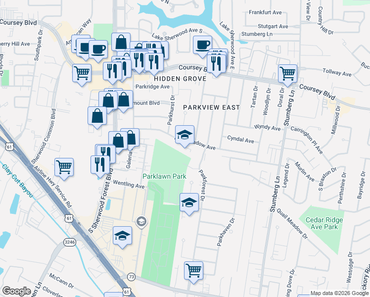 map of restaurants, bars, coffee shops, grocery stores, and more near 12108 Parkmeadow Avenue in Baton Rouge