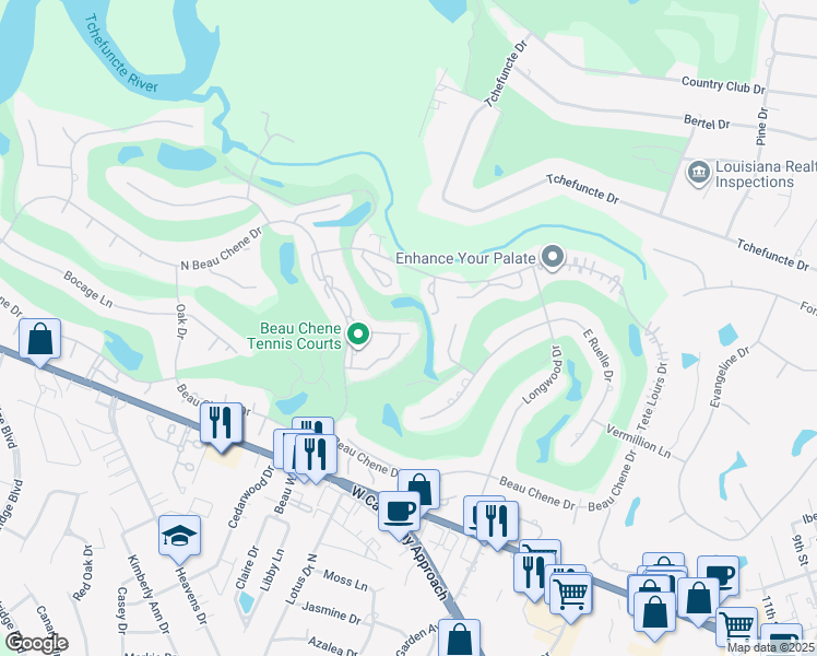 map of restaurants, bars, coffee shops, grocery stores, and more near 46 North Court Villa Drive in Mandeville