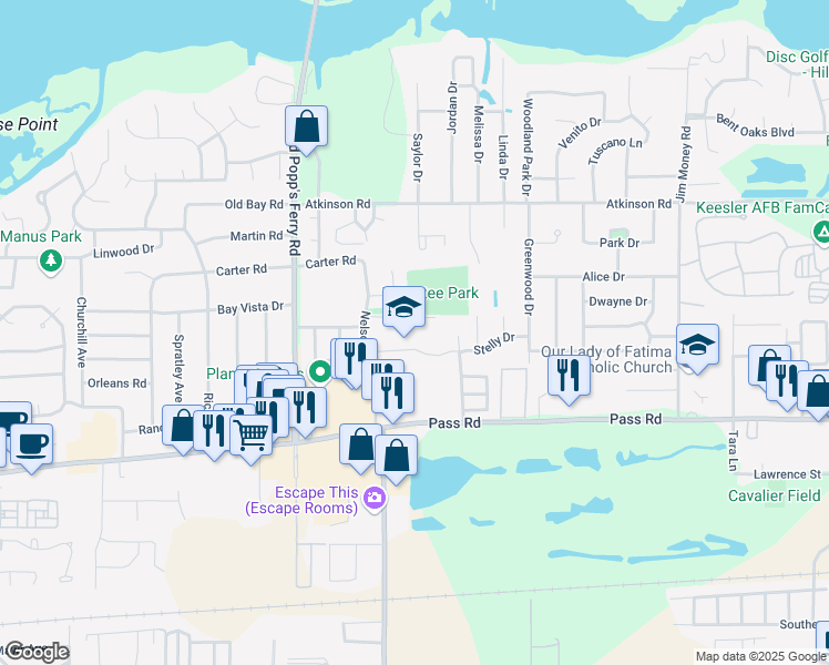 map of restaurants, bars, coffee shops, grocery stores, and more near 364 Nelson Road in Biloxi