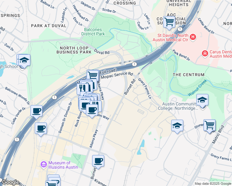 map of restaurants, bars, coffee shops, grocery stores, and more near Gault Lane in Austin
