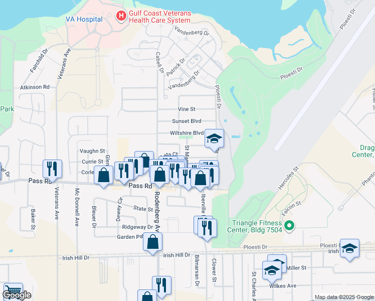 map of restaurants, bars, coffee shops, grocery stores, and more near 340 Saint Mary Boulevard in Biloxi