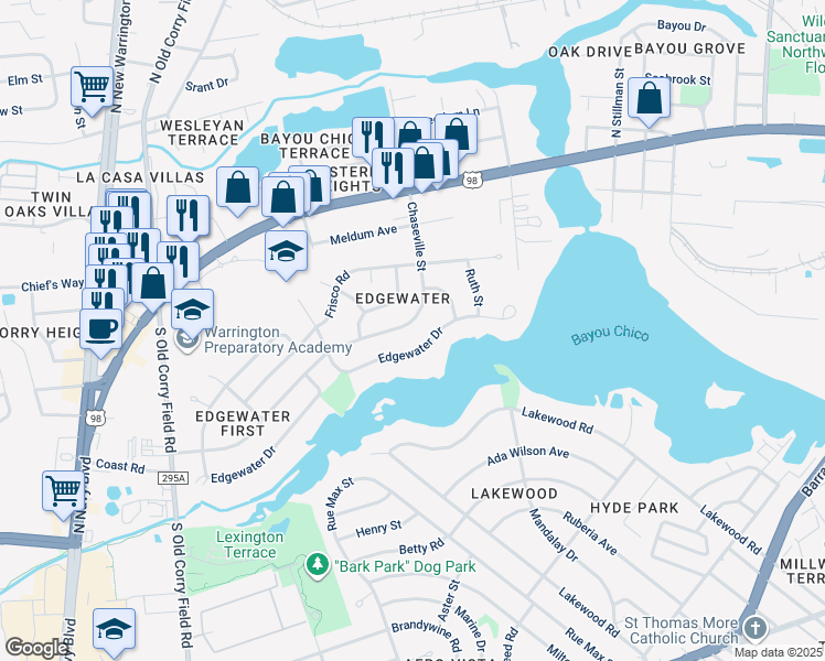 map of restaurants, bars, coffee shops, grocery stores, and more near 314 Chaseville Street in Pensacola