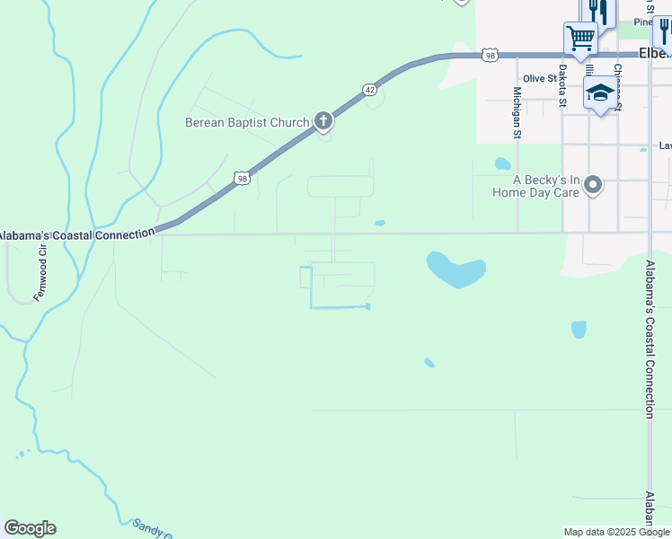 map of restaurants, bars, coffee shops, grocery stores, and more near 24126 Veranda Circle in Elberta