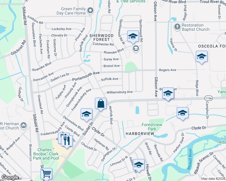 map of restaurants, bars, coffee shops, grocery stores, and more near 4652 Williamsburg Avenue in Jacksonville
