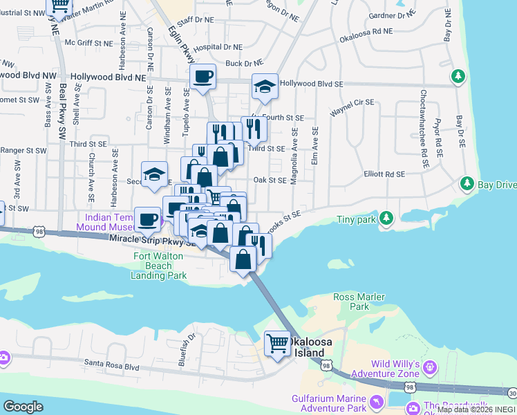 map of restaurants, bars, coffee shops, grocery stores, and more near 217 1st Street Southeast in Fort Walton Beach