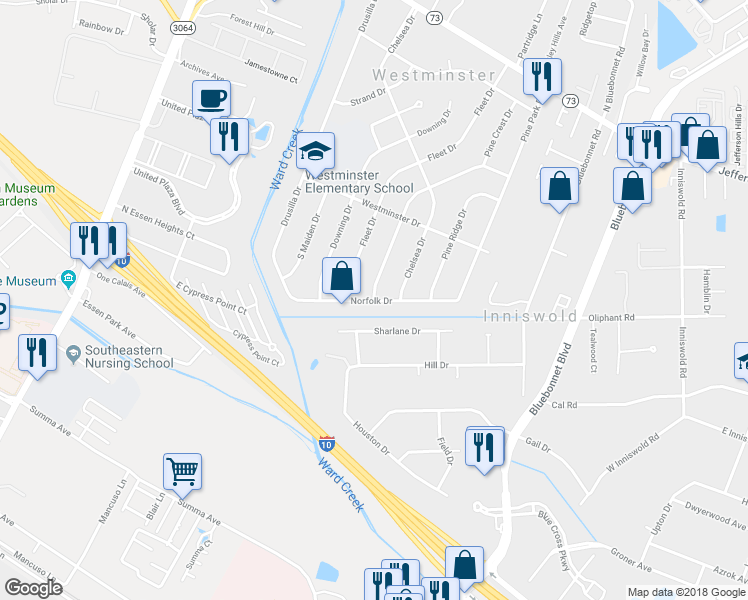map of restaurants, bars, coffee shops, grocery stores, and more near 8801 Norfolk Drive in Baton Rouge