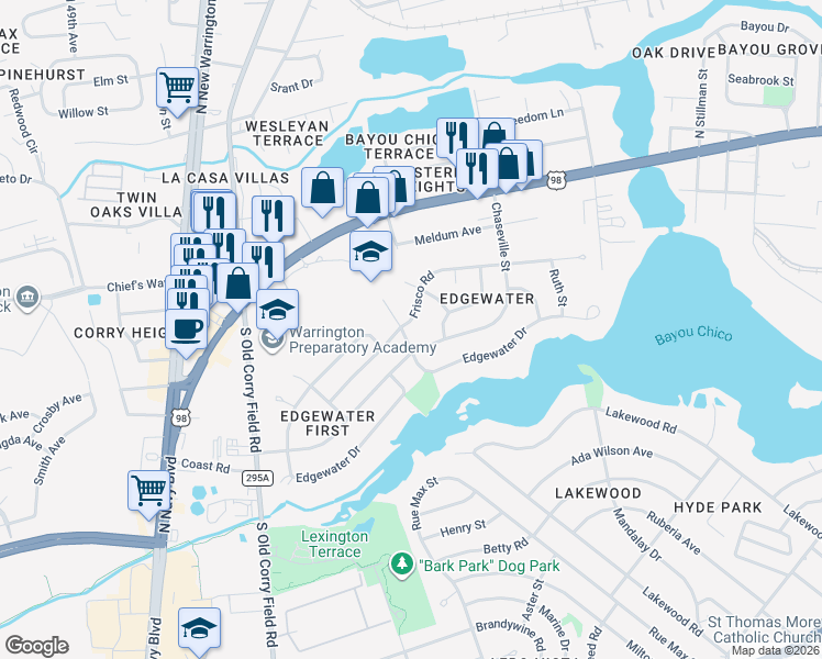 map of restaurants, bars, coffee shops, grocery stores, and more near 503 Frisco Road in Pensacola
