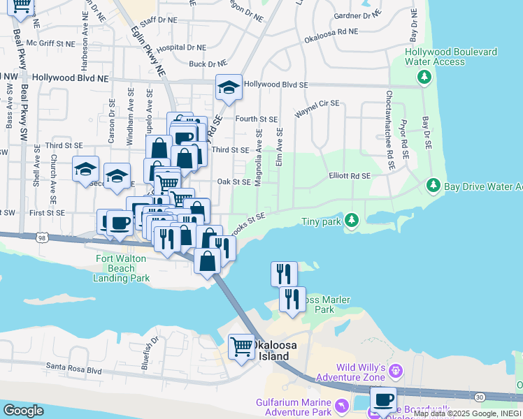 map of restaurants, bars, coffee shops, grocery stores, and more near 255 Brooks Street Southeast in Fort Walton Beach