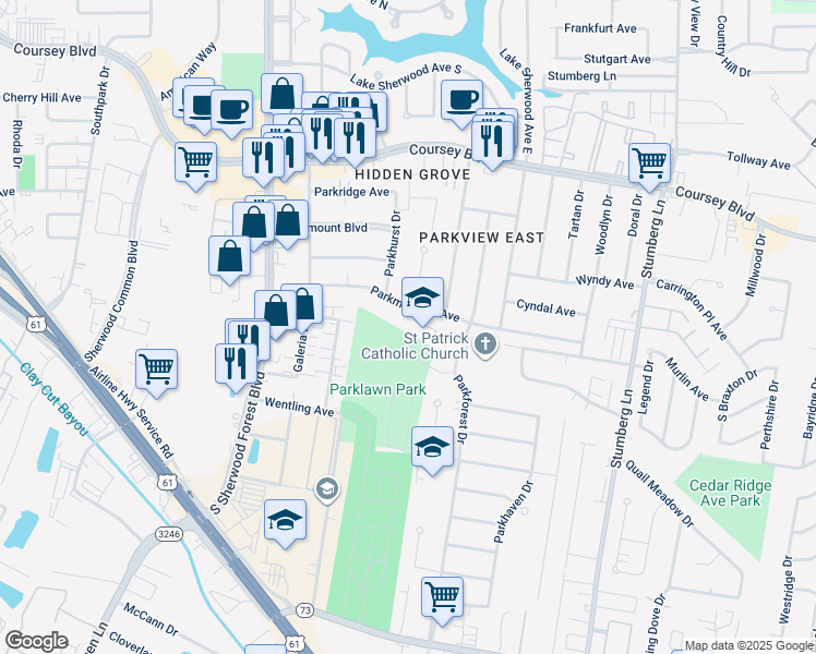 map of restaurants, bars, coffee shops, grocery stores, and more near 12108 Parkmeadow Avenue in Baton Rouge