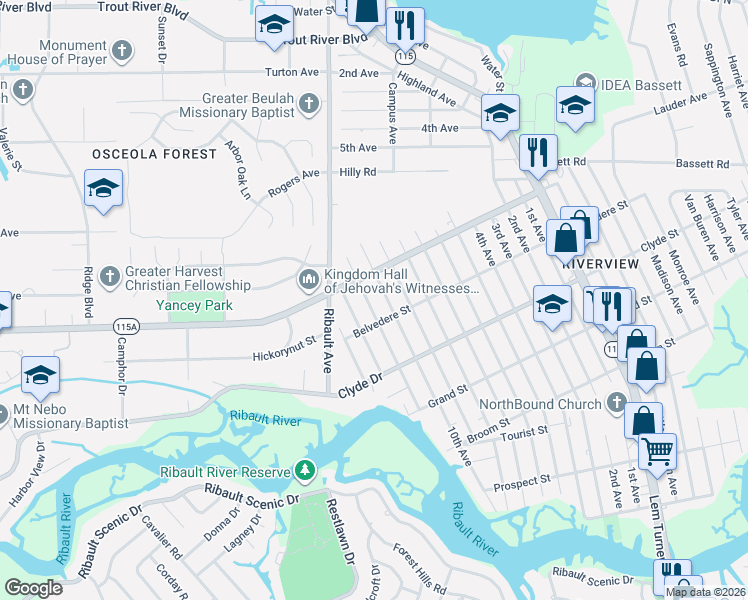 map of restaurants, bars, coffee shops, grocery stores, and more near 9221 12th Avenue in Jacksonville