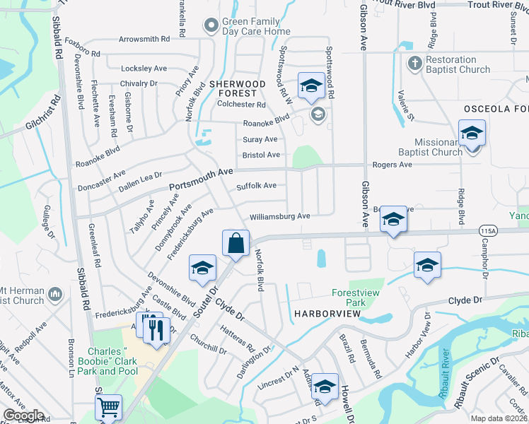map of restaurants, bars, coffee shops, grocery stores, and more near 4652 Williamsburg Avenue in Jacksonville