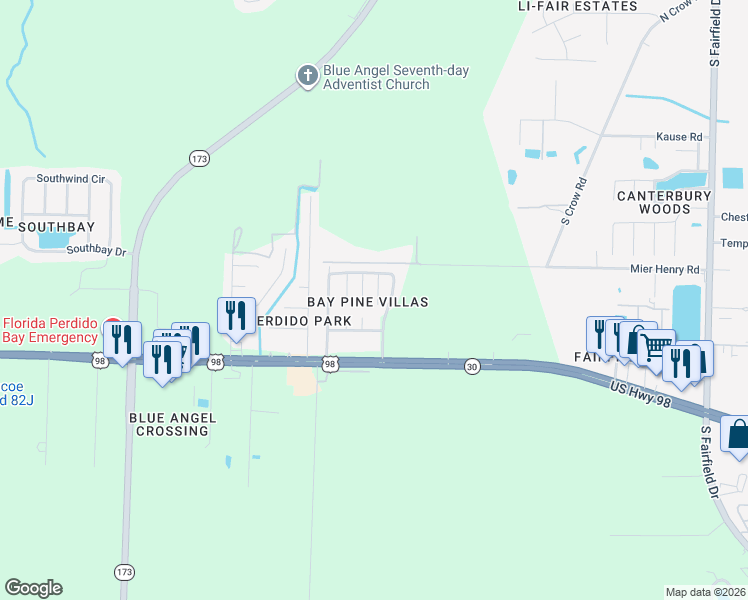 map of restaurants, bars, coffee shops, grocery stores, and more near 513 Bay Pine Villas Drive in Pensacola