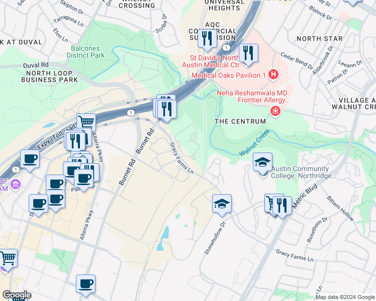 map of restaurants, bars, coffee shops, grocery stores, and more near 2600 Gracy Farms Lane in Austin