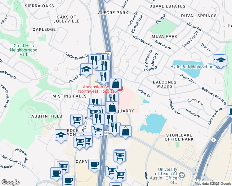 map of restaurants, bars, coffee shops, grocery stores, and more near 11149 1/2 Research Boulevard in Austin