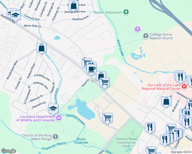 map of restaurants, bars, coffee shops, grocery stores, and more near 6463 Moss Side Lane in Baton Rouge