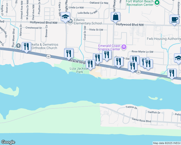 map of restaurants, bars, coffee shops, grocery stores, and more near 326 Miracle Strip Parkway Southwest in Mary Esther