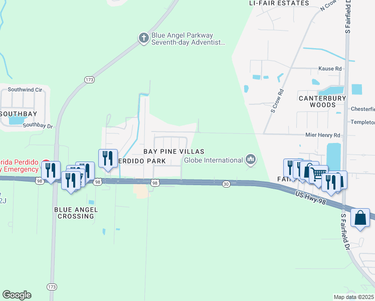 map of restaurants, bars, coffee shops, grocery stores, and more near 494 Bay Pine Villas Drive in Pensacola
