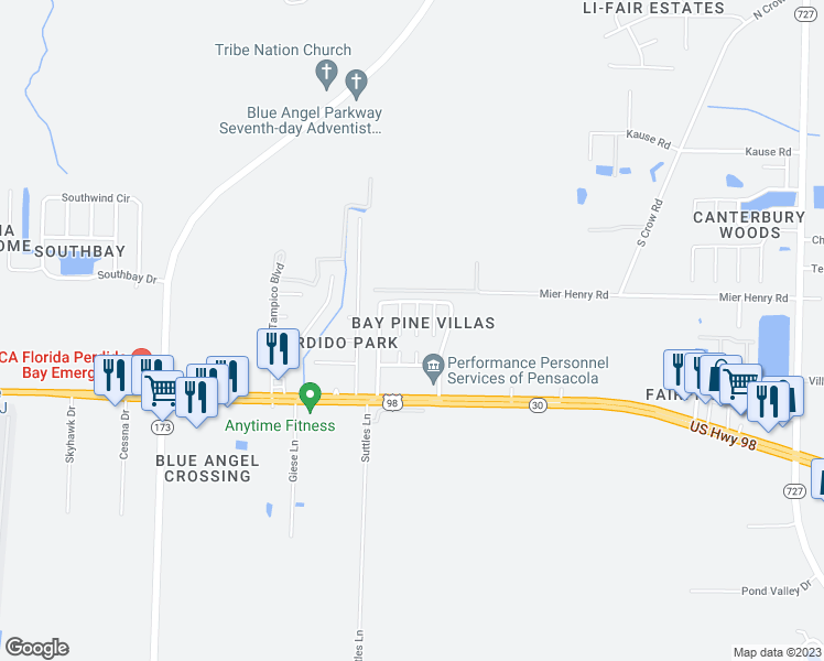 map of restaurants, bars, coffee shops, grocery stores, and more near 425 Shadow Way Lane in Pensacola