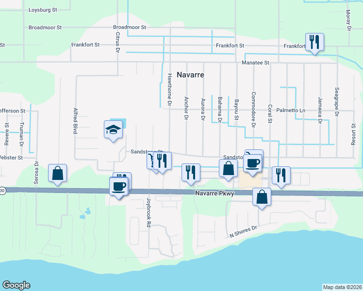 map of restaurants, bars, coffee shops, grocery stores, and more near 1881 Anchor Drive in Navarre