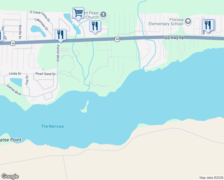 map of restaurants, bars, coffee shops, grocery stores, and more near 220 Tecumseh Lane in Mary Esther