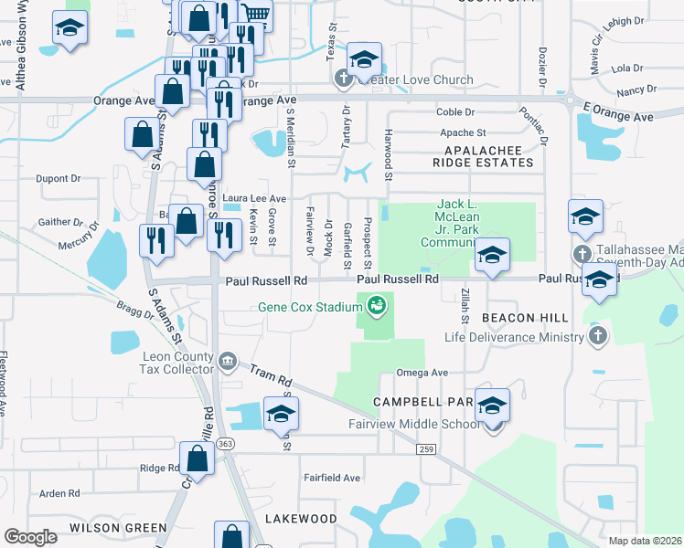 map of restaurants, bars, coffee shops, grocery stores, and more near 3108 Garfield Street in Tallahassee