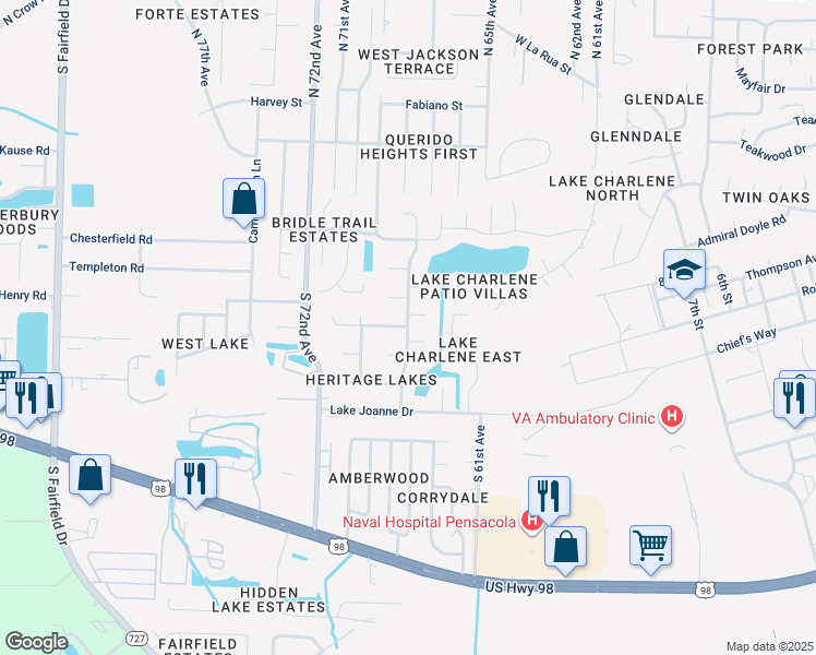 map of restaurants, bars, coffee shops, grocery stores, and more near 498 Bunker Hill in Pensacola