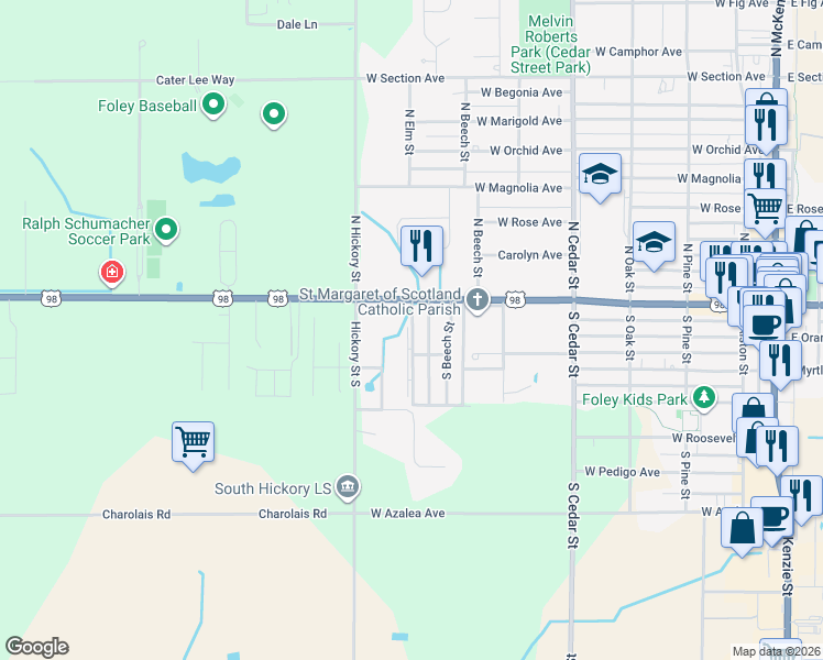map of restaurants, bars, coffee shops, grocery stores, and more near 205 South Elm Street in Foley