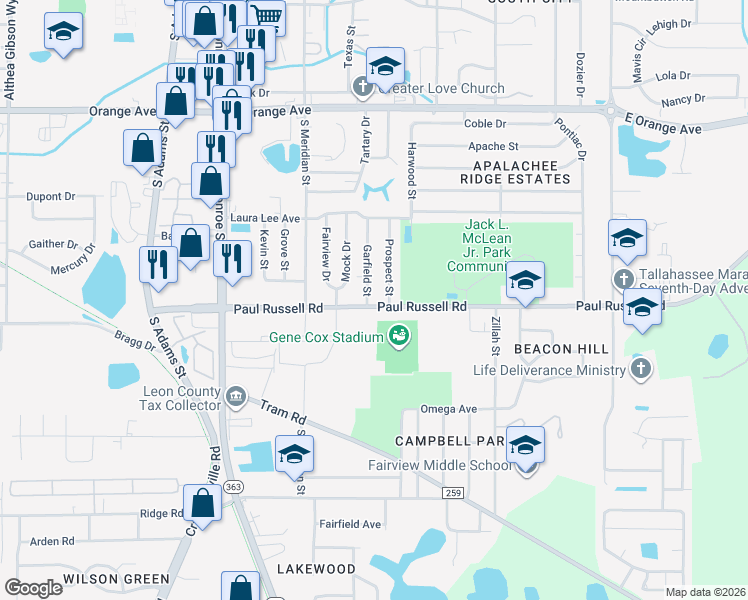 map of restaurants, bars, coffee shops, grocery stores, and more near 3108 Garfield Street in Tallahassee