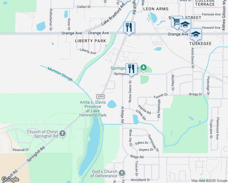 map of restaurants, bars, coffee shops, grocery stores, and more near 3206 North Ridge Road in Tallahassee