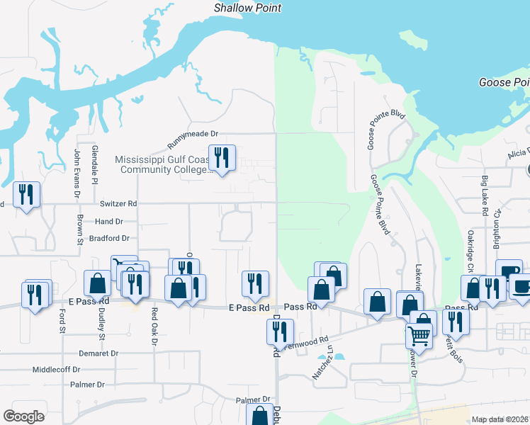 map of restaurants, bars, coffee shops, grocery stores, and more near 389 Debuys Road in Gulfport