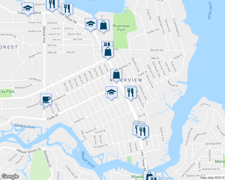 map of restaurants, bars, coffee shops, grocery stores, and more near 9062 1st Avenue in Jacksonville