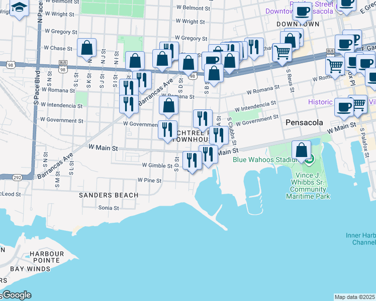 map of restaurants, bars, coffee shops, grocery stores, and more near 1001 West Main Street in Pensacola