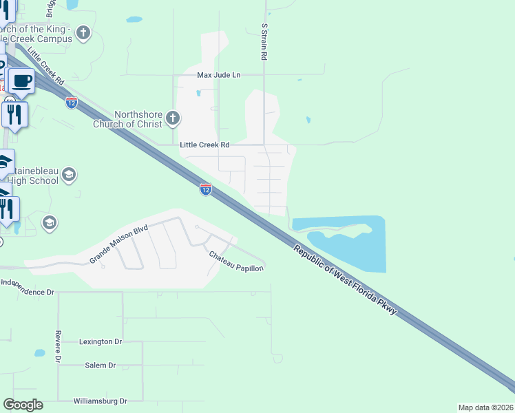 map of restaurants, bars, coffee shops, grocery stores, and more near 205 West Thistle Street in Mandeville