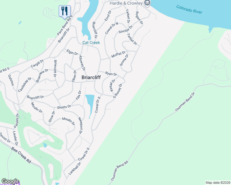 map of restaurants, bars, coffee shops, grocery stores, and more near 311 Kintail Drive in Spicewood