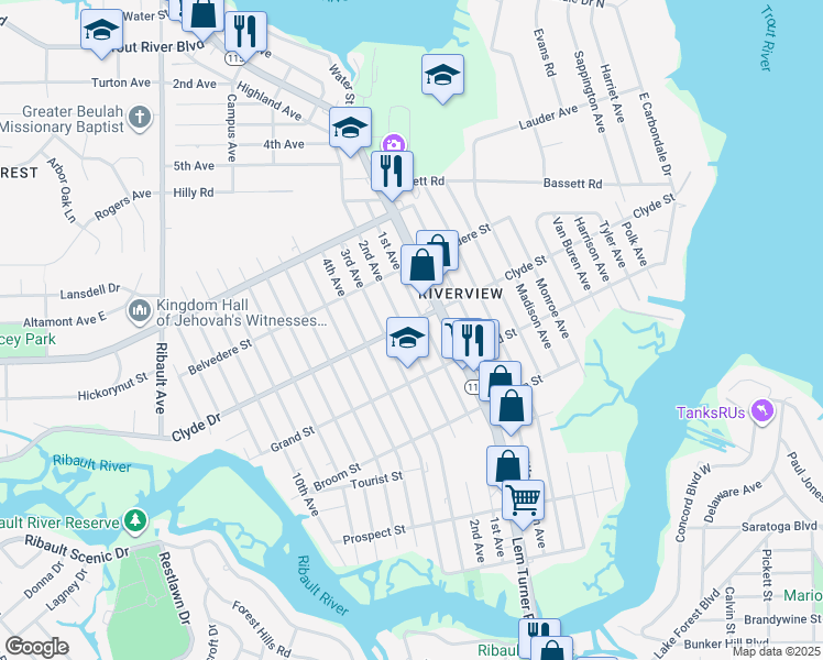 map of restaurants, bars, coffee shops, grocery stores, and more near 9062 1st Avenue in Jacksonville