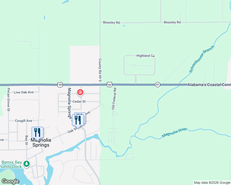 map of restaurants, bars, coffee shops, grocery stores, and more near 15005-15007 Old Federal Road in Magnolia Springs