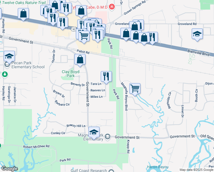 map of restaurants, bars, coffee shops, grocery stores, and more near 2831 Katy Lane in Ocean Springs