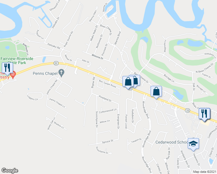 map of restaurants, bars, coffee shops, grocery stores, and more near 100 Bon Temps Roule in Mandeville