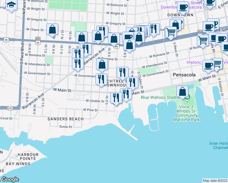 map of restaurants, bars, coffee shops, grocery stores, and more near 1001 West Main Street in Pensacola