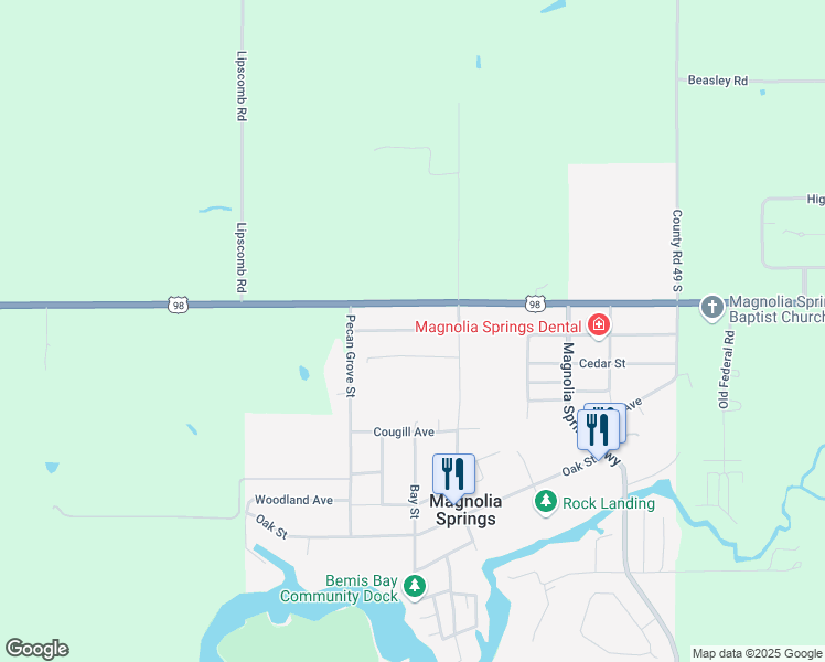 map of restaurants, bars, coffee shops, grocery stores, and more near Live Oak Avenue in Magnolia Springs