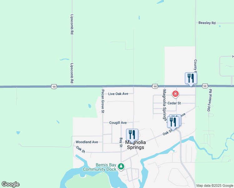 map of restaurants, bars, coffee shops, grocery stores, and more near Live Oak Avenue in Magnolia Springs