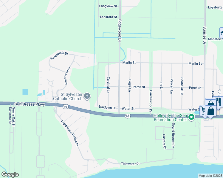 map of restaurants, bars, coffee shops, grocery stores, and more near 6591 Perch Street in Navarre