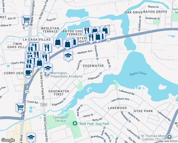 map of restaurants, bars, coffee shops, grocery stores, and more near 321 Chaseville Street in Pensacola