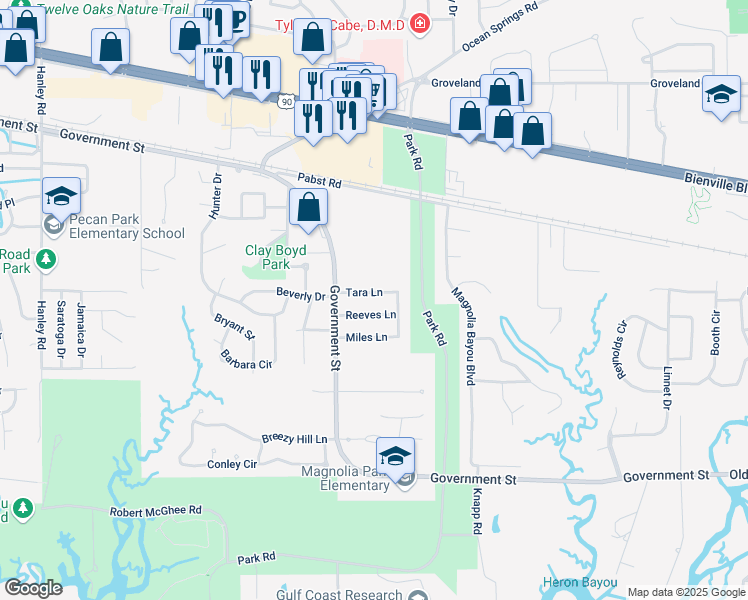 map of restaurants, bars, coffee shops, grocery stores, and more near 2831 Katy Lane in Ocean Springs