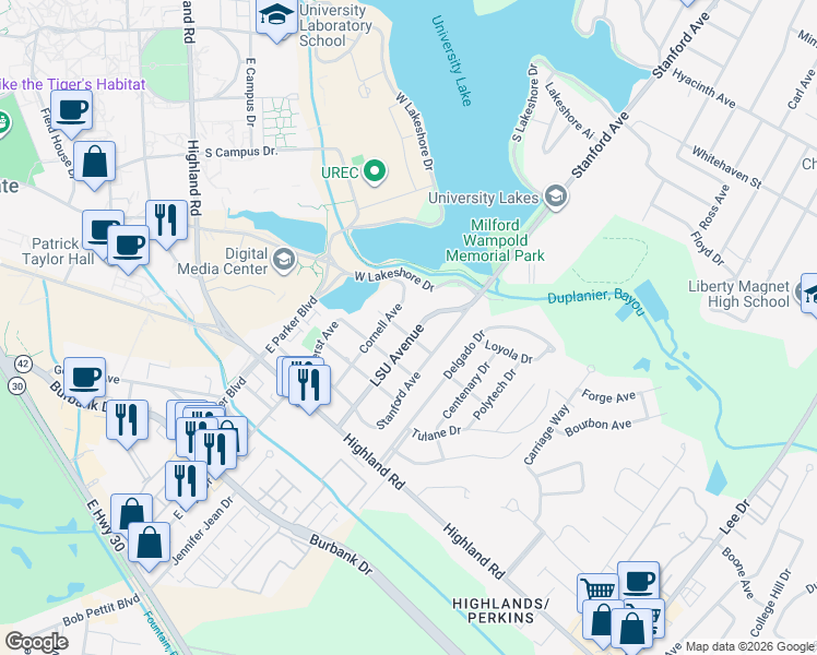 map of restaurants, bars, coffee shops, grocery stores, and more near 505 Stanford Avenue in Baton Rouge