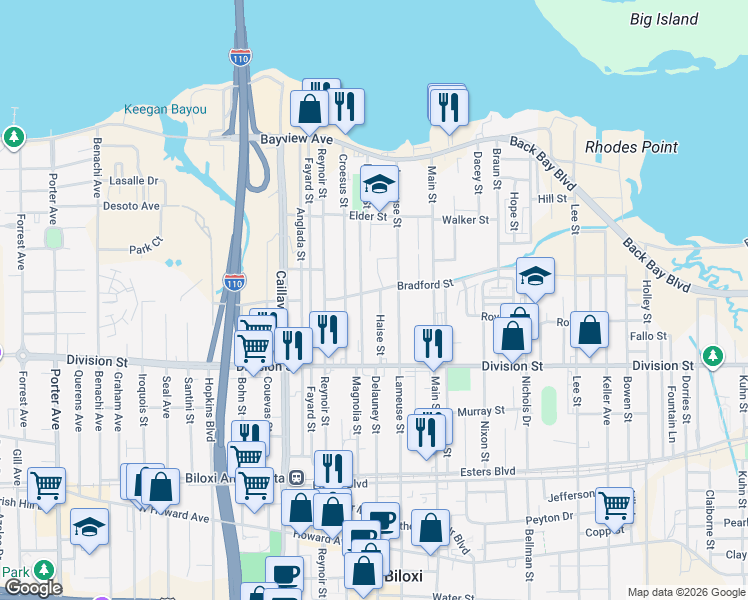 map of restaurants, bars, coffee shops, grocery stores, and more near 332 Magnolia Street in Biloxi