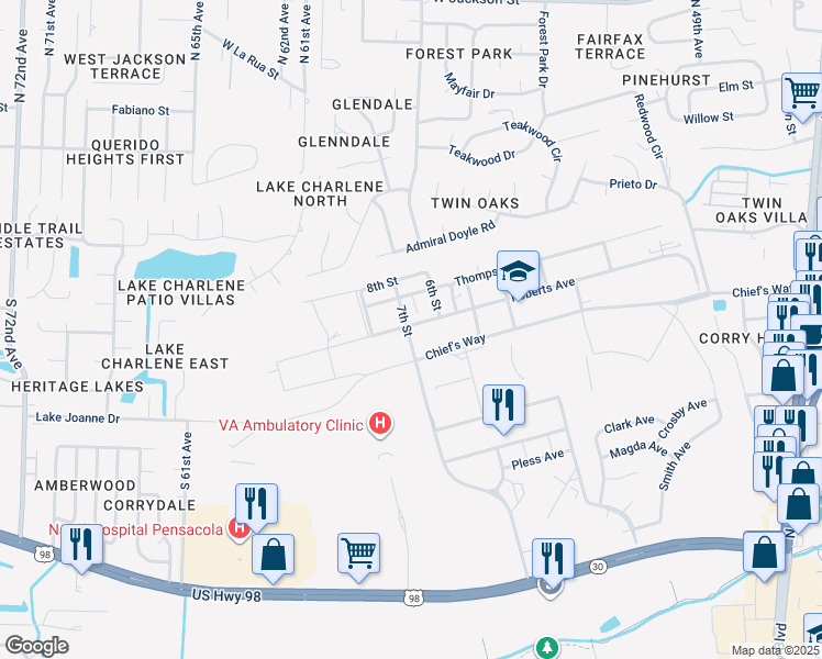 map of restaurants, bars, coffee shops, grocery stores, and more near in Pensacola