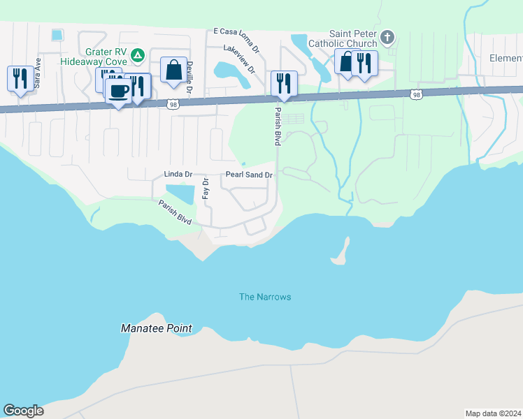 map of restaurants, bars, coffee shops, grocery stores, and more near 416 Pristine Water Lane in Mary Esther