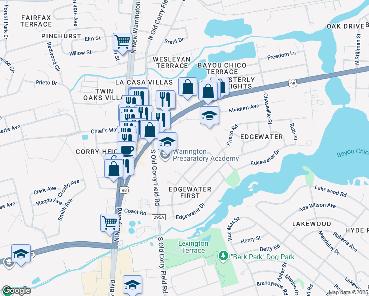 map of restaurants, bars, coffee shops, grocery stores, and more near 100 Boeing Street in Pensacola